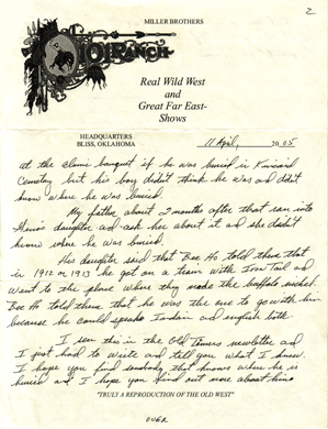 Letter from the 101 Ranch regarding Iron Tail