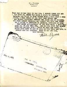 Letter to Bee Ho Gray from Will Rogers